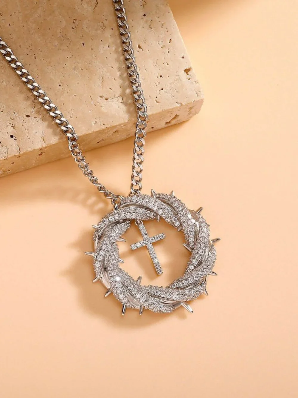 Silver Christian Cross Crown of Thorns Pendant Necklace Faith Statement Jewelry